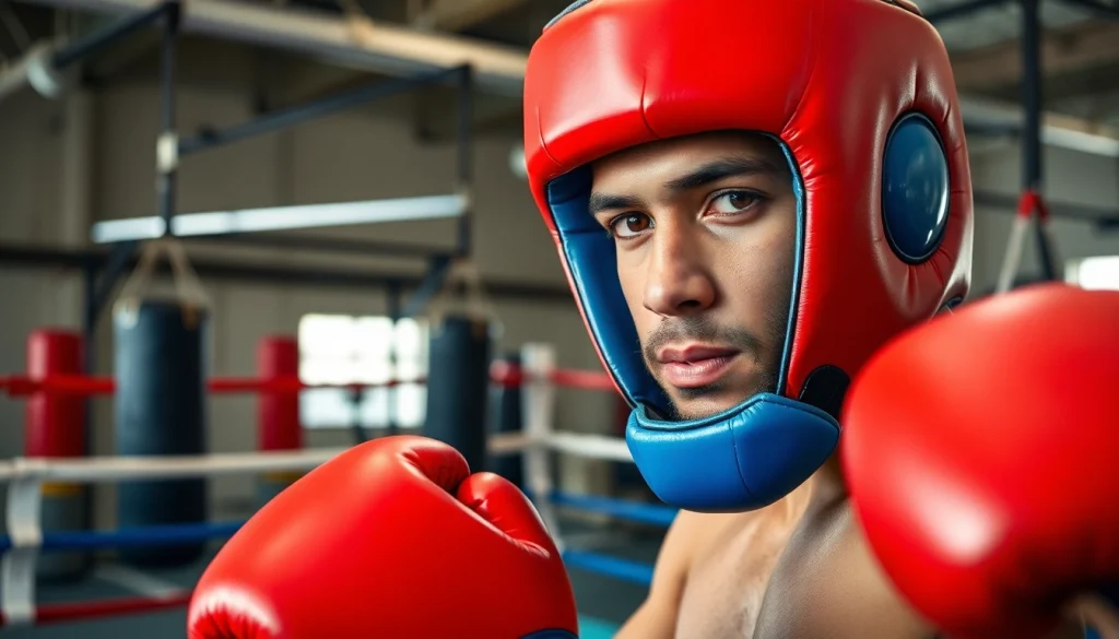 Sportler mit Headgear Boxing trainiert im Boxring.