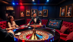 Scène de casino engageante présentant un casino fiable en ligne avec l'excitation de la roulette et du poker.