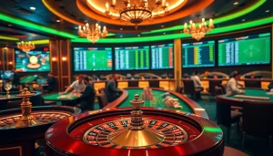 Engaging scene of a vibrant casino showcasing situs bola online football betting amidst cards and roulette, highlighting excitement.