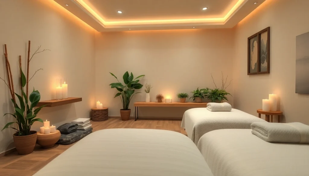 부드러운 조명과 차분한 장식이 있는 편안한 하남마사지 치료실.