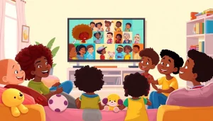 A group of children enjoying African American cartoons in a vibrant living room.