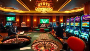 Vivez l'excitation d'un casino fiable en ligne avec des joueurs profitant d'une scène de jeux d'argent numérique luxueuse.