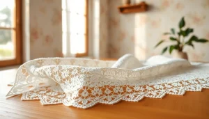 Bekijk kanten stof per meter met delicate patronen op een houten tafel.