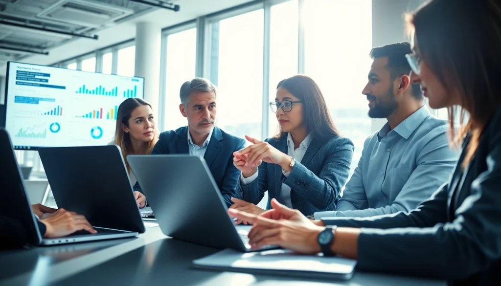 B2B competitive intelligence team collaborating on insights using modern technology in a bright office.