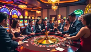 Découvrez un jeu passionnant dans un casino fiable en ligne avec des joueurs enjoués et des jetons colorés.