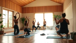 多様な参加者が落ち着いたクラスでホットヨガを楽しむ温かみのあるスタジオのシーン、ホットヨガ おすすめを強調