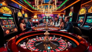 Des joueurs profitant d'un moment palpitant dans un casino fiable en ligne rempli de machines à sous colorées et de tables de roulette.
