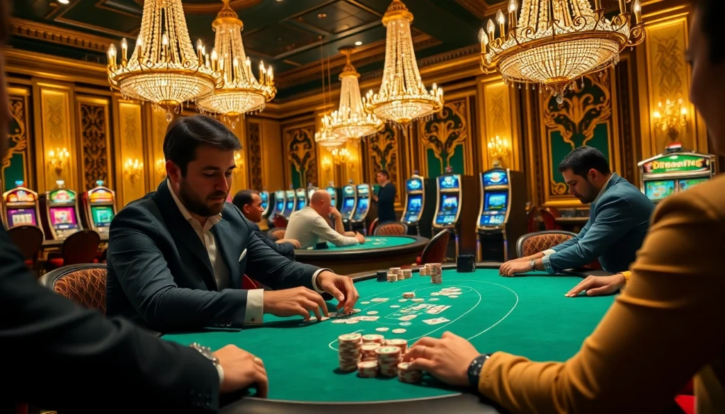 Vivez l'excitation dans un casino fiable en ligne avec un jeu de poker à enjeux élevés dans un cadre élégant.