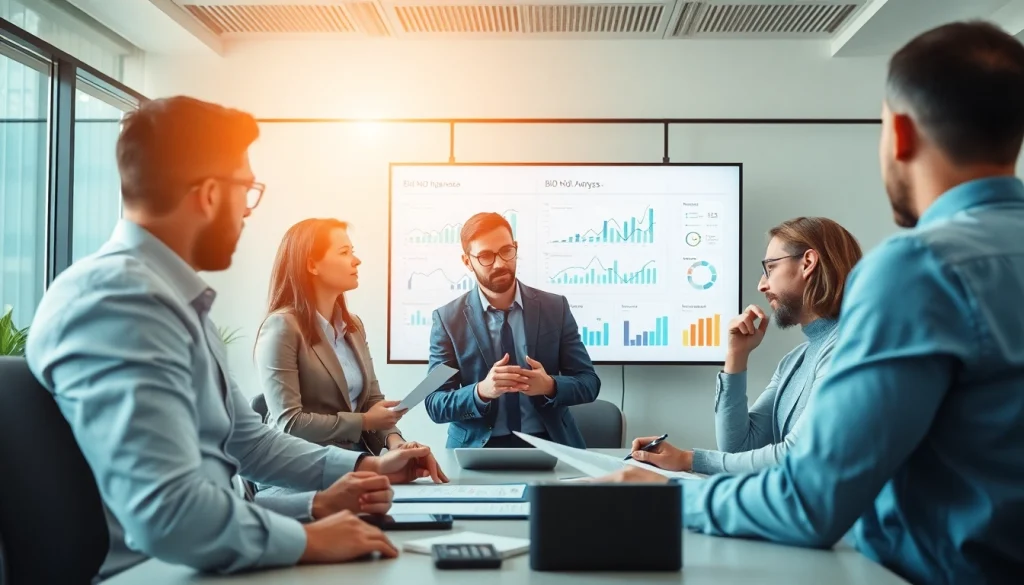 Business team discussing Bid-No-Bid Analysis strategies in a modern office context.